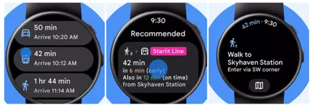 Wear OS での公共交通機関のルート案内。 Google からの画像 (9to5Google 経由)