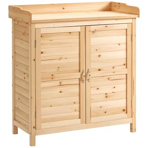 Outsunny Armario de Jardín de Madera Cobertizo Exterior Cobertizo para Almacenaje con 2 Puertas Estante y Patas Elevadas para Terraza Patio 83x40x92 cm Natural