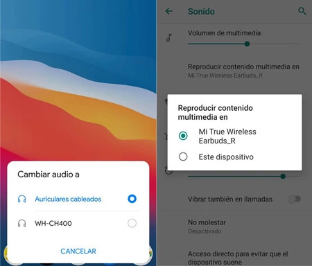 EMUI (左) と純粋な Android (右) でオーディオ出力を選択するプロセス