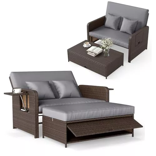 COSTWAY Sofa Exterior de Ratán con Reposapiés de Almacenamiento, 2 Plazas Tumbona Acolchado con Respaldo Ajustable de 4 Nivelesy Mesas Auxiliares Plegables para Jardín y Piscina (Gris)