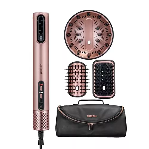BaByliss Air Wand, Secador y moldeador 4 en 1, Difusor, Cepillo alisador y voluminizador, Neceser, Seca y peina a la vez, Tecnología iónica antiencrespamiento, Sin daño por calor, Rosa, AS6556E