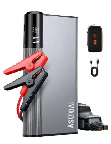 AstroAI Arrancador de Baterias de Coche 10000A de Aluminio Ultrarresistente | 3 en 1 Jump Starter Portátil (Todo Gasolina/12L Diésel) con Pantalla LCD, Luz LED Emergencia y Powerbank