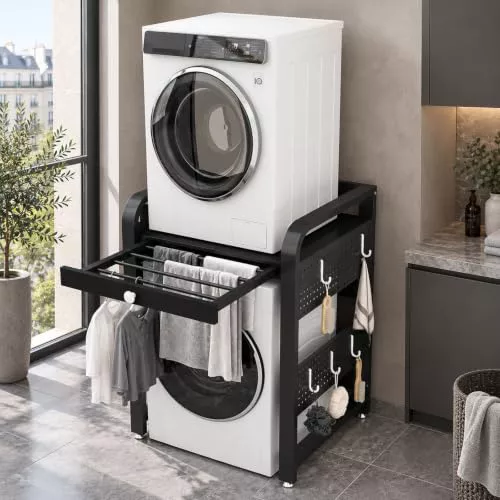 JXZ Mueble para lavadora y secadora con tendedero extraíble | Acero al carbono, tablero de madera maciza, para zona de lavado, paneles laterales perforados, 70 × 62 × 107 cm