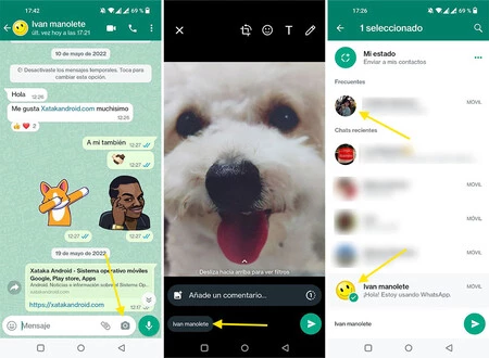 WhatsApp で写真を送信する前に受信者を変更できます