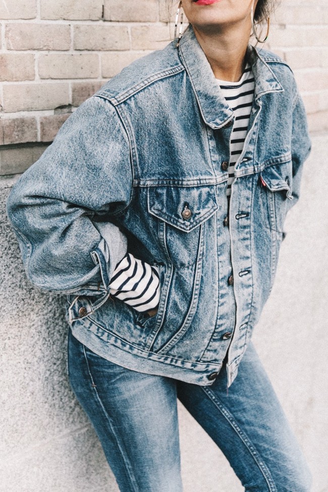 Double Denim Levis Vintage Skinny Jeans Striped Top See By Chloe Bag Chanel Shoes Outfit Collage Vintage Street Style 8 790x1185
