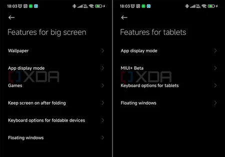 現在設定メニューに含まれているオプション。 XDA 開発者からの画像
