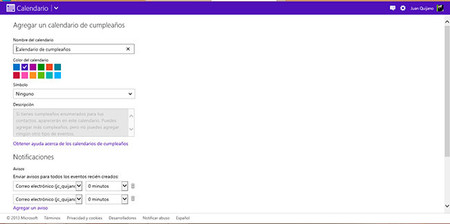 Calendario Microsoft Live, alta de un calendario de cumpleaños