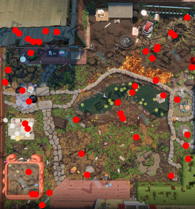 Grounded mapa con todas las muelas doradas y la ubicación de los mega