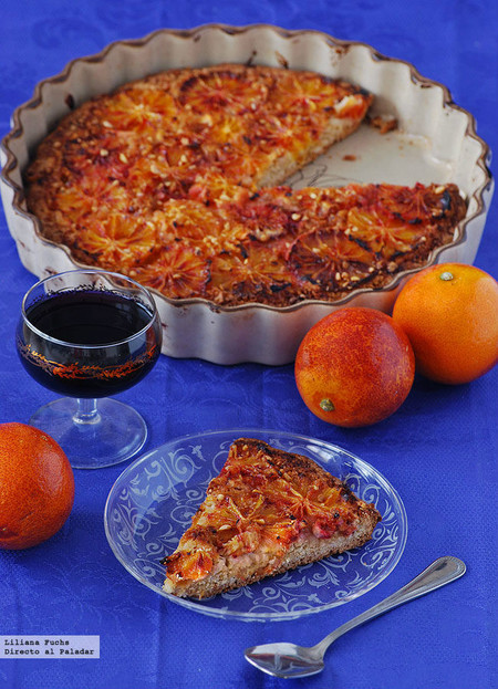 Tarta fina de naranja sanguina y avellana. Receta de postre