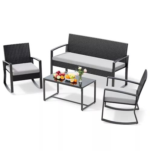 Xbro Conjunto Jardin Exterior de Ratán, Muebles Jardin Exterior para 4 Personas con Mesa de Vidrio 1 Sofa Exterior y 2 Sillas