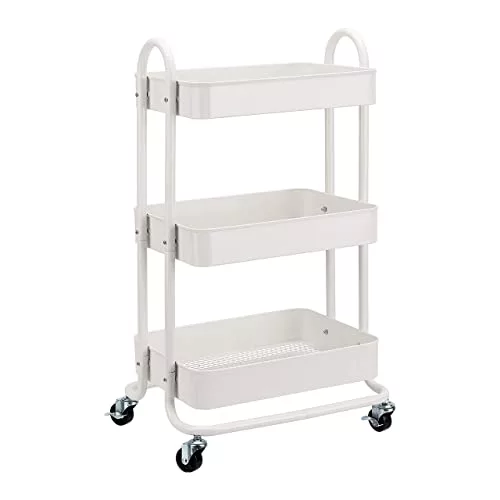 Amazon Basics Carrito de cocina o multiuso de tres niveles con ruedas en blanco