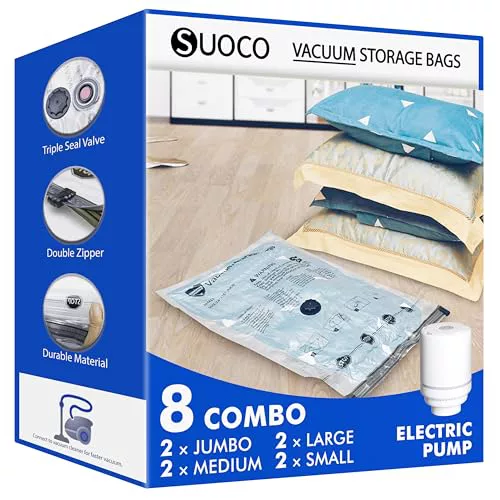 SUOCO bolsas de vacío ropa con bomba eléctrica, 8 conjuntos (2 XL/2 grandes/2 medianas/2 pequeñas)