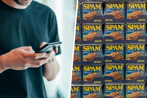 Composición con foto de una persona usando el móvil e imagen de latas de 'spam'