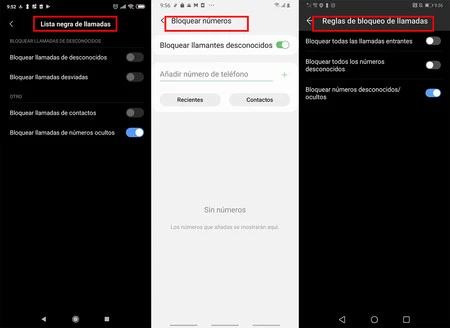 ROM に応じて、通話をブロックするための名前は多少異なりますが、プロセスは実質的に同じです。この場合、左から右の順に、MIUI、One UI、EMUI が表示されます。