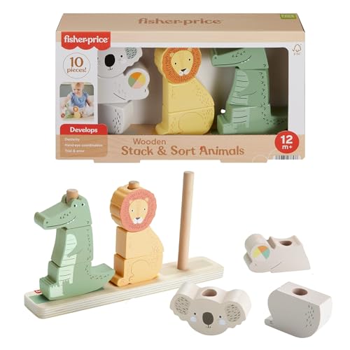 Fisher-Price Bloques apilables con forma de animales (koala, león y cocodrilo), 10 piezas fabricadas con material certificado FSC, juego inspirado en Montessori
