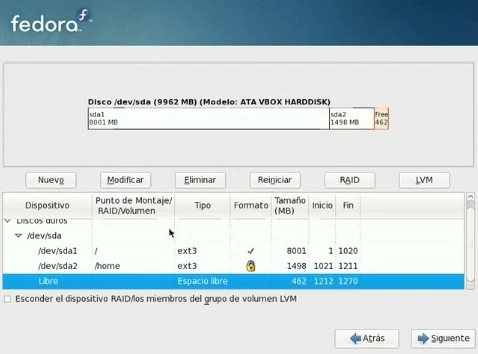 Instalar Fedora 10 - Particiones