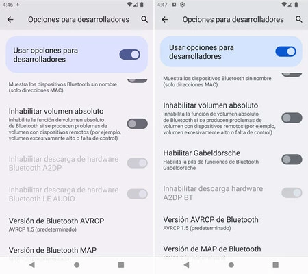 Android 13 (左) と Android 12 (右) の開発者向けオプション