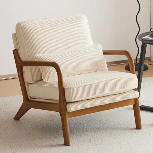 Bonnlo Sillón Butaca Individual de Salón, Estilo Nórdico Retro, Tapizado de Pana Acanalada Suave, Estructura de Madera Maciza, Cojín Incluido, 65×80×78 cm, Carga Máxima 150 kg (Beige)