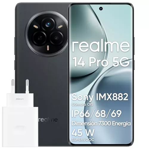 realme 14 Pro 5G Smartphone, 12 + 512GB, Teléfono móvil, Procesador Dimensity 7300 Energy 5G, IP69, Cámara Sony IMX882 OIS de 50 MP, Pantalla de 120 Hz, Batteria da 5260 mAh, Gris (con Adaptador)