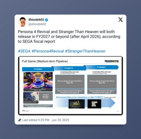 A Sega se le filtran las ventas de sus últimos juegos y se le escapa cuándo podría lanzarse el remake de Persona 4 y Stranger Than Heaven