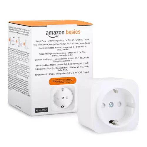 Amazon Basics Enchufe inteligente, compatible con Matter, Amazon Alexa, Google Home y Apple HomeKit, se requiere un concentrador Matter, 2,4GHz, solo Wi-Fi, blanco, Paquete de 1