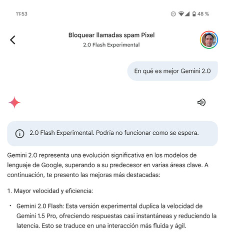 Conversación con Gemini 2.0 Flash en un Google Pixel 9 Pro