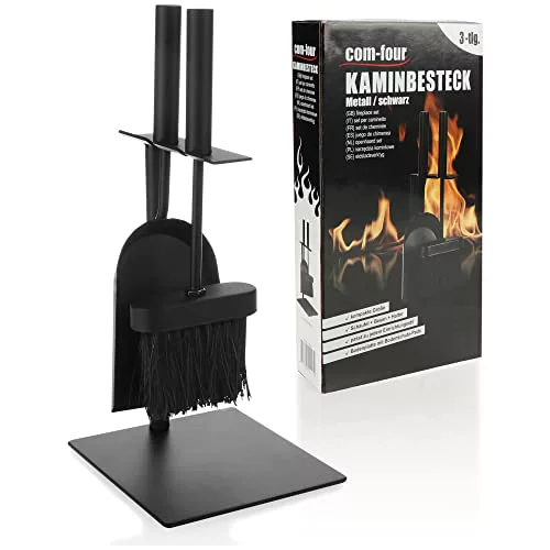 COM-FOUR® Conjunto de chimenea en negro en un tamaño compacto de metal, con pala, escoba y soporte-Ideal para estufas (003 piezas de cubiertos)