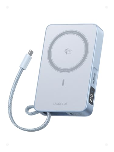 UGREEN Magflow Qi2 25W Power Bank 10000mAh con Inducción Magnética y Carga Rápida, Banco de Energía con Cable USB-C Integrado de 30W Compatible con Magsafe iPhone 17 Pro MAX Air, 16, 15, 14, 13, 12