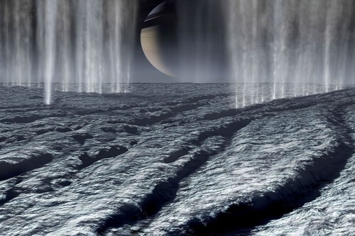 Render de la superficie de la luna Encélado de Saturno