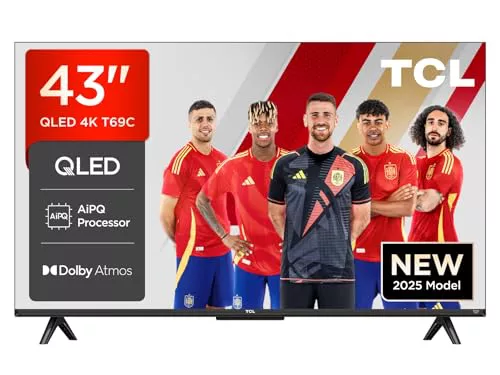 TCL 43T69C 43” QLED, Direct LED TV, 4K HDR, Smart TV Powered by Google TV (Dolby Vision & Atmos, Game Master, Motion Clarity, Compatible with Google Assistant & Alexa)