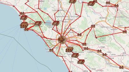 Os diversos símbolos representam o tamanho e a importância de uma cidade durante o Império Romano. O símbolo no centro marca a capital, Roma. (Fonte da imagem: OmnesViae)