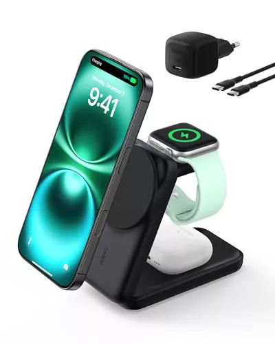 Belkin UltraCharge Cargador Inalámbrico 3 en 1 Qi2, 25W, Cargador Magnético Compatible con MagSafe, Estación de Carga para iPhone 17, Air, Apple Watch, AirPods, Pixelsnap, Adaptador de 45W - Negro