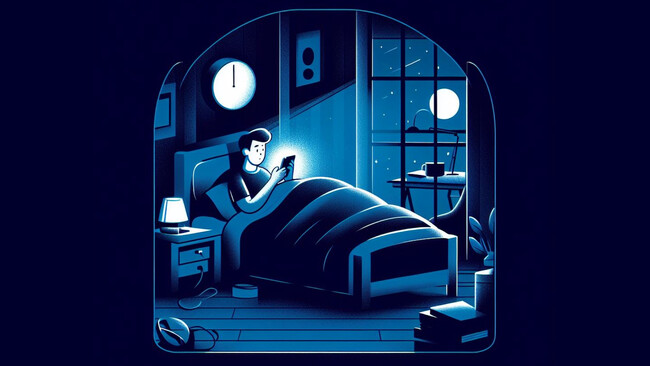 Ilustración de una persona usando el móvil por la noche en la cama