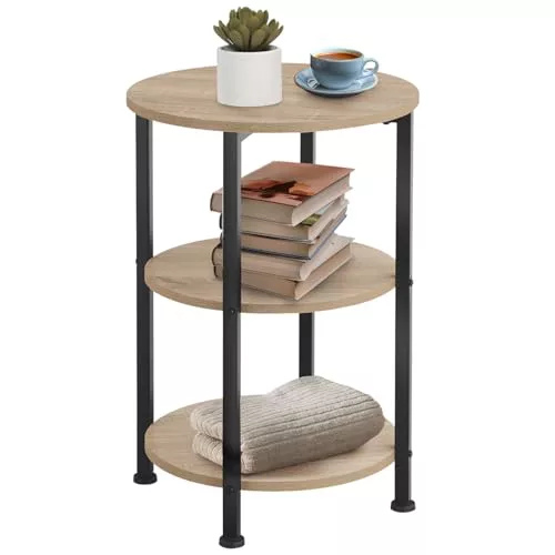 tectake® Mesa Auxiliar Redonda, 3 Estantes MDF y Acero