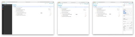 サイドバーまたはインスペクターを備えた OmniFocus Web の 3 つのビュー。