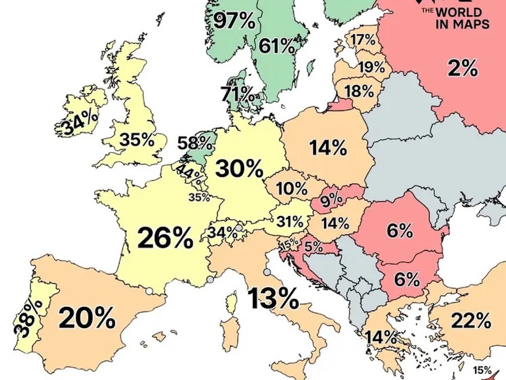 Las ventas de coches eléctricos en Europa, en un revelador mapa con una península que arrasa. Spoiler: no es la Ibérica 