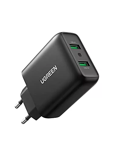 UGREEN 18W Cargador Carga Rapida 3.0, Enchufe USB A Móvil Rápido, Adaptador de Corriente Doble QC 3.0 para iPhone 14/13/12/SE 2022, Galaxy S23/S22/S20/M33/M32, Google Pixel 7 Pro/7/6A, ECC