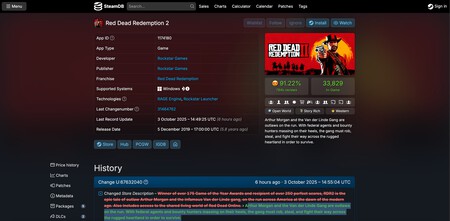 Ojalá signifique algo. Rockstar ha actualizado las entrañas de Red Dead Redemption 2 en Steam, y la comunidad ya sueña en grande