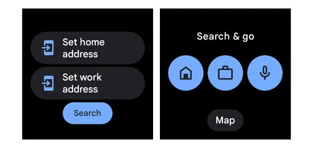 左: Wear OS の古いマップ カード デザイン。右: 音声ディクテーション検索に素早くアクセスできる新しいデザイン。 (画像:9to5Google)