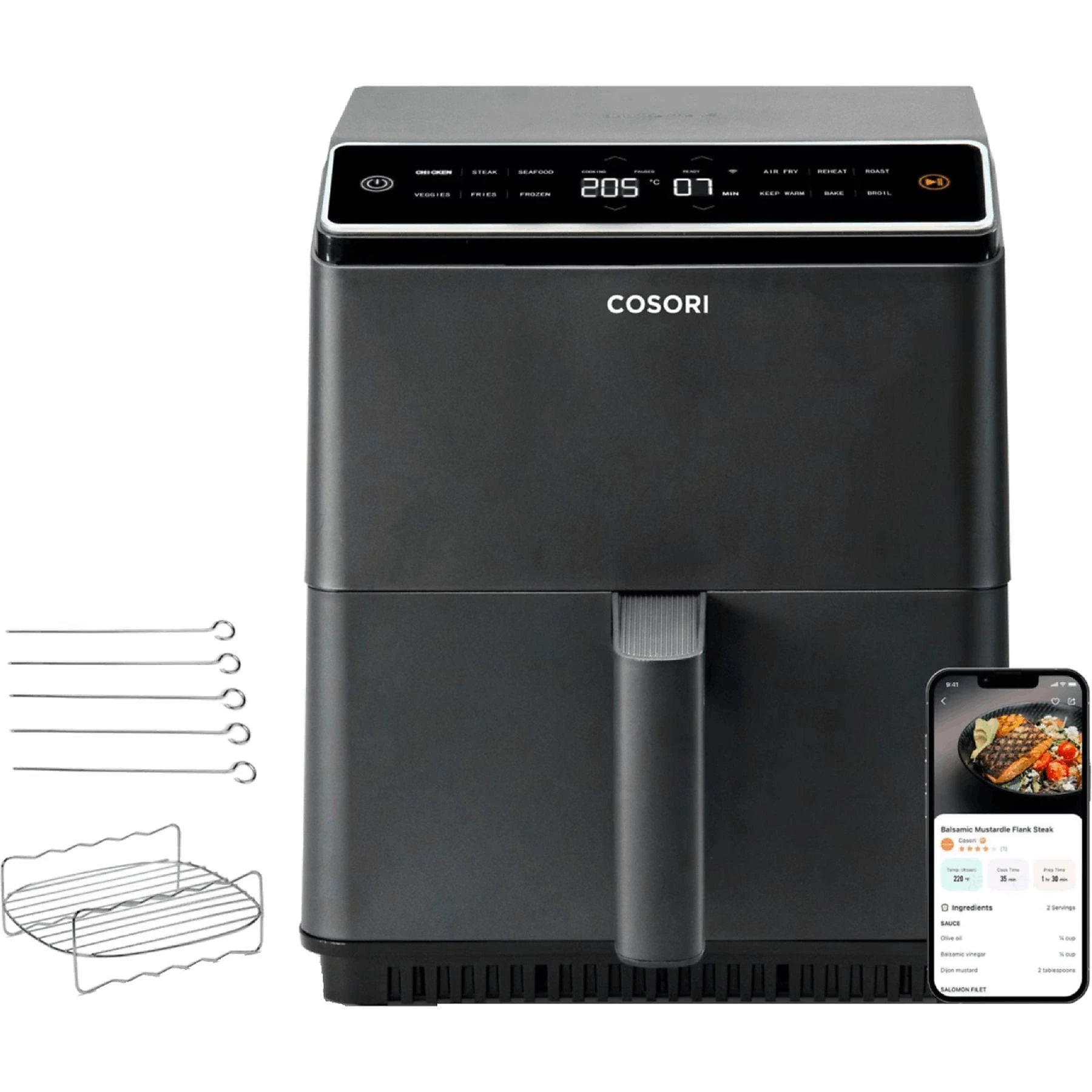 Freidora de aire - Cosori Dual Blaze Chef Edition, Doble resistencia, 1700 W, 6.4 L, 12 Funciones, Sistema 360 ThermoIQ, Negro