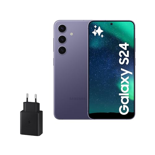 Samsung Galaxy S24 y Cargador 45W, Teléfono Móvil con IA, Smartphone Android, 8 GB RAM, 256 GB Almacenamiento, Cámara 50MP, Batería Larga Duración, Violeta Cobalt (Versión Española)