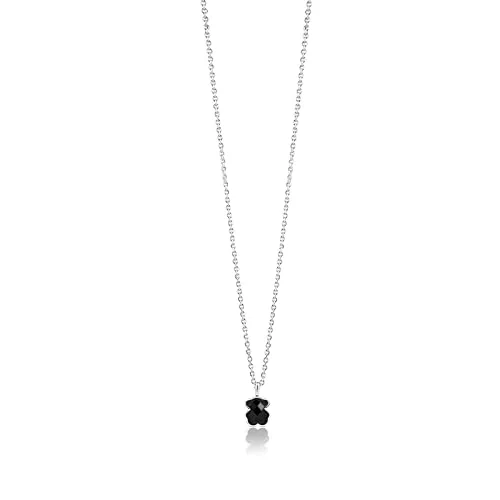TOUS Collar de Plata de Primera Ley y Colgante de Oso de Onix para Mujer, 45cm de Largo, Elegante y Original, Colección Icon Color