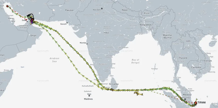 Dados da MarineTraffic mostram múltiplas viagens que MT Tifani fez entre o Golfo Pérsico e a Linha de Controle de Energia do Leste Europeu (EOPL) de abril de 2025 até sua captura pelas forças americanas em abril de 2026