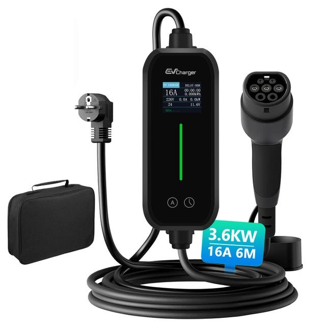 JUNSUN Cargador portátil para vehículos eléctricos tipo 2, 3,68 kW, monofásico, 6-16 A, 230 V, con pantalla digital controlable

