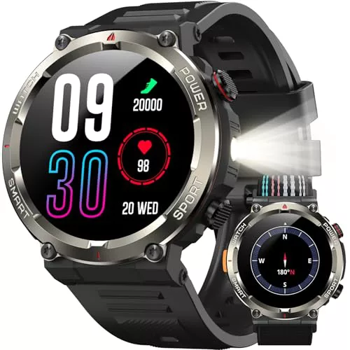 IOWODO Reloj Inteligente Hombre con Llamadas, 1.45" Militar Smartwatch con 960mAh Batería, Linterna LED, Brújula, 123 Modos Deporte, Monitor Cardíaco 24h/SpO2/Sueño, IP68, 2 Correas (iOS/Android)