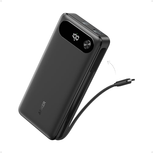 Anker Cargador portátil de 20.000 mAh con Cable USB C Integrado, batería de Carga rápida de 87 W, 2 USB-C y A, para MacBook, iPhone 17 16 15 14 Series, Samsung, Switch, y más