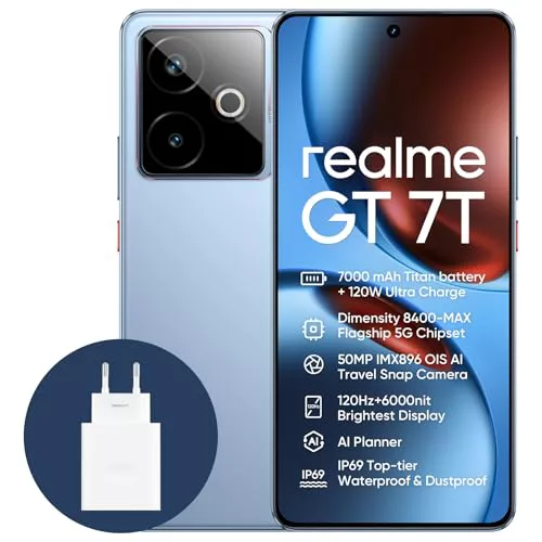 realme GT 7T 5G Smartphone,12+256GB, Batería de 7000 mAh,Carga de 120W,Procesador Dimensity 8400-MAX,IMX896 50MP Cámara,AI Planner,Pantalla Pro-Esports de 6000 nits120Hz,IP69,Azul,Exclusivo de Amazon