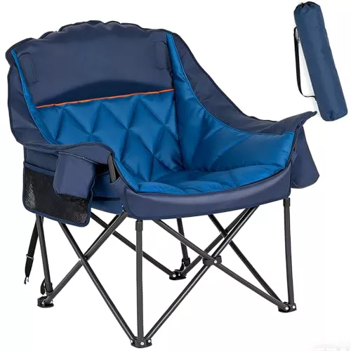 AuraCraft Silla de camping plegable de gran tamaño con bolsa isotérmica, sillón Oxford 600D acolchado, marco de acero negro mate hasta 150 kg, con soporte para bebidas y bolsillos de red para jardín