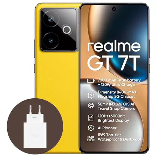 realme GT 7T 5G Smartphone,12+256GB, Batería de 7000 mAh,Carga de 120W,Procesador Dimensity 8400-MAX,IMX896 50MP Cámara,AI Planner,Pantalla Pro-Esports de 6000 nits,IP69,Amarillo,Exclusivo de Amazon