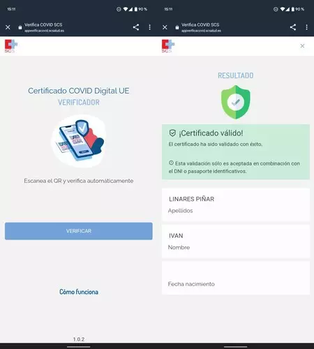 カンタブリアの Web サイトによる Covid 証明書の検証